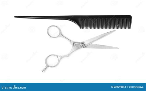 Professional Hairdresser Scissors And Black Comb Isolated On White Top