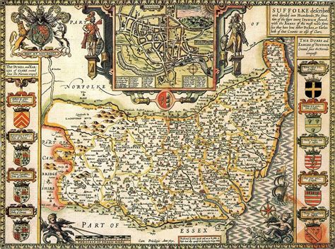 An Old Map Of Suffolk In 1610 By John Speed On Canvas Textured Paper