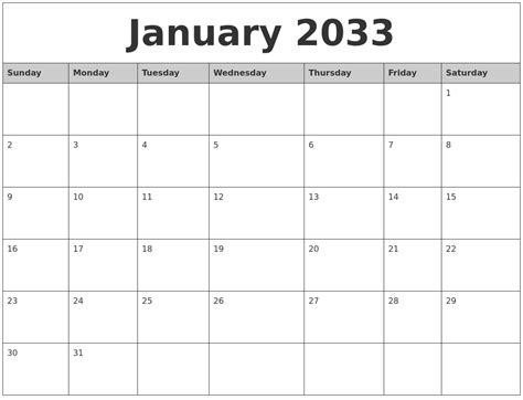 January 2033 Monthly Calendar Printable