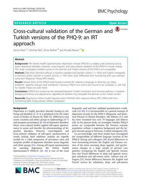 Pdf Cross Cultural Validation Of The German And Turkish Versions Of