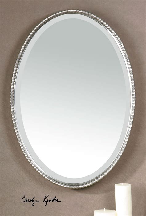 Silver Nickel Beaded Edge Oval Wall Mirror 32” Vanity Bathroom Horchow 759526402163 Ebay