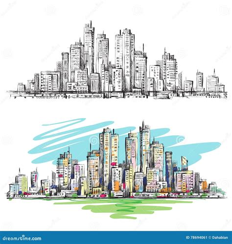 Hand Drawn Urban Scene Cityscape Stock Vector Illustration Of
