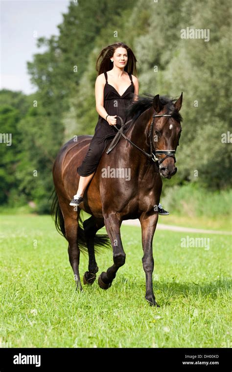 Junge Frau Trägt Eine Kleid Ohne Sattel Auf Dem Pferd Sitzen Und Reiten Auf Einem Trab