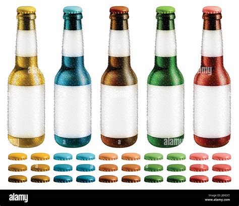 Digital Illustration Of Five Different Colored Beer Bottles With Blank Labels And Condensation