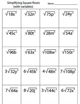 Solve the equations for the specified variable and find the solution in the given table. Simplifying Square Roots With Variables Worksheet | Secundaria matematicas y Secundaria
