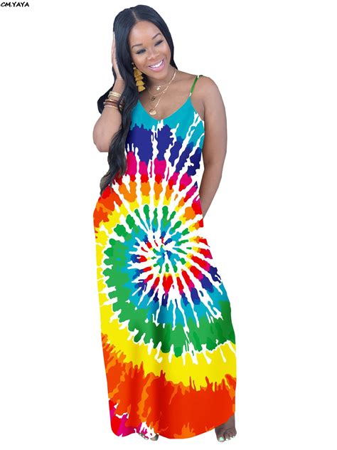2019 summer women colorful black hole tie dye print spaghetti strap v neck maxi dress beach
