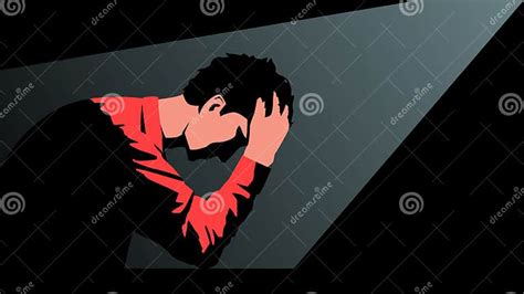 Vector Illustration Of A Young Man Sitting In A Dark Room Clasping His