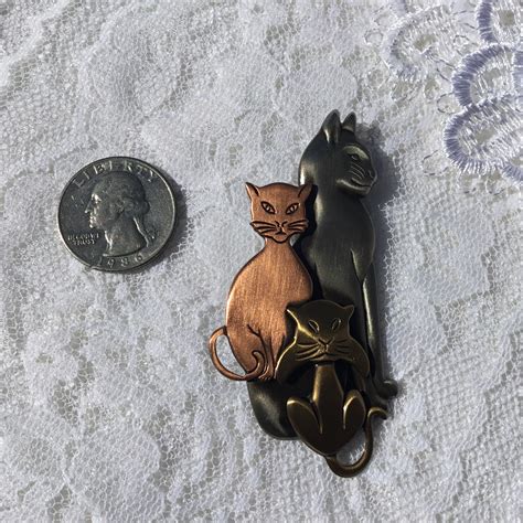 Signed K And T Three Cats Brooch Pin Pewter Copper Brass Tones Etsy
