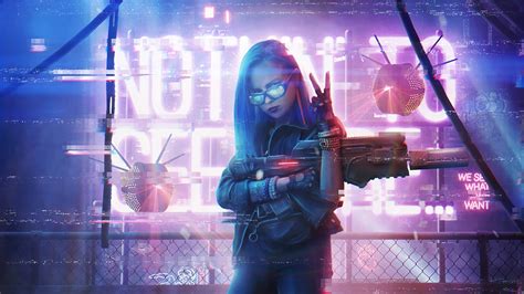 Cyberpunk Girl With Gun Neon 4k Hd Artist 4k Wallpapers