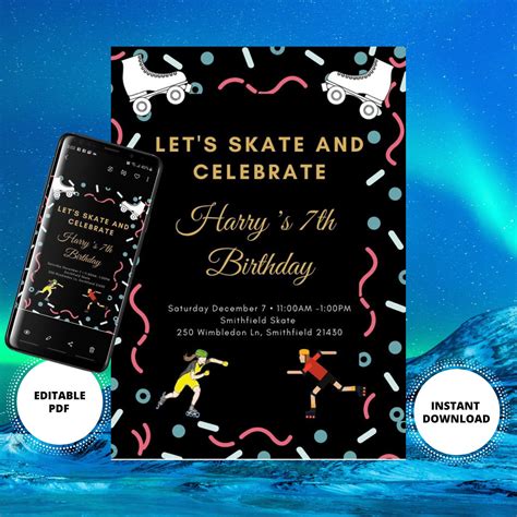Digital Birthday Invitation For Girls Roller Skating Roller Skate