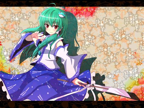 green hair japanese clothes kochiya sanae long hair miko red eyes touhou