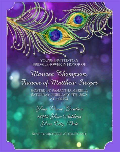 peacock feathers on purple and green background with sparkles in the background wedding card