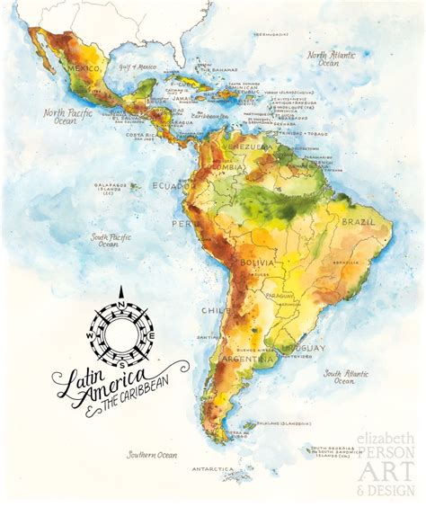 Latin America And The Caribbean Map Watercolor Illustration South Central