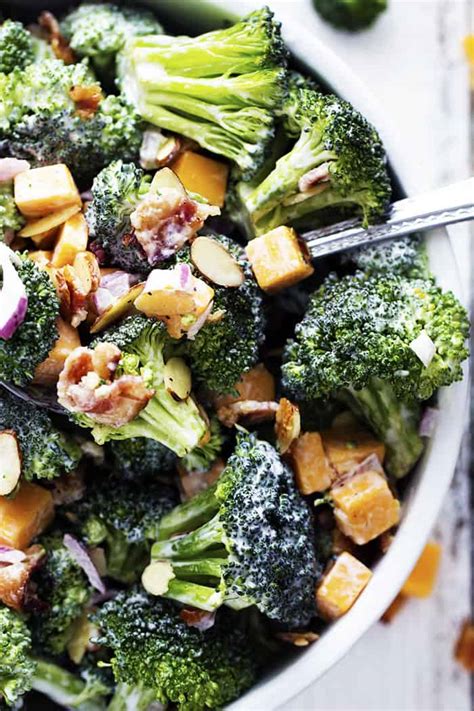 This broccoli salad balances the heavy ingredient of bacon with the light crisp flavor of apples. Creamy Broccoli Bacon and Cheddar Salad | The Recipe Critic