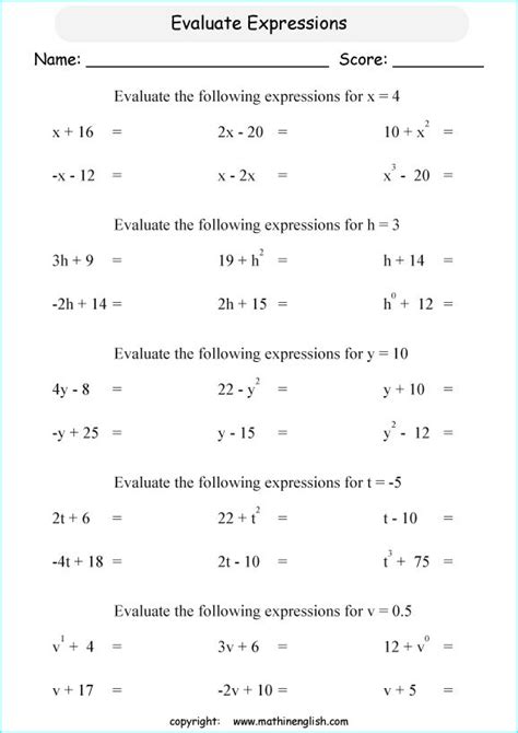 Algebraic Expressions Worksheet 9th Grade