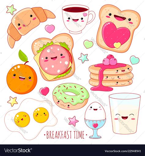 Set Of Cute Breakfast Food Icons In Kawaii Style Vector Image