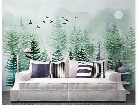 Abstract Pine Trees Wallpaper Wall Mural Green Pine Trees Etsy