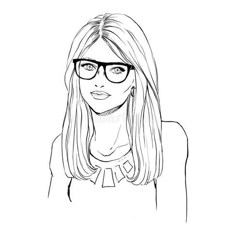 Drawings Of Cute Girls With Glasses Vector Illustration Black On