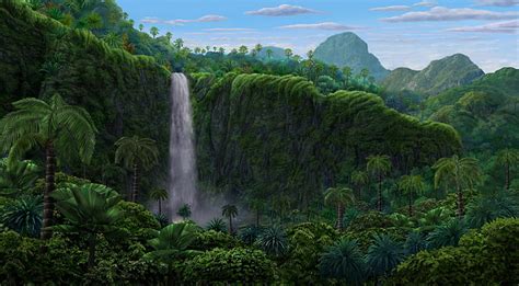 Green Mountains Fantasy Mountains Jungle Waterfall Abstract Hd
