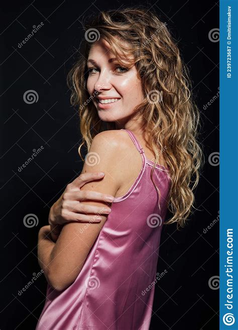 Portrait Of A Beautiful Blonde Woman In A Pink Silk Dress Stock Image Image Of Gloves