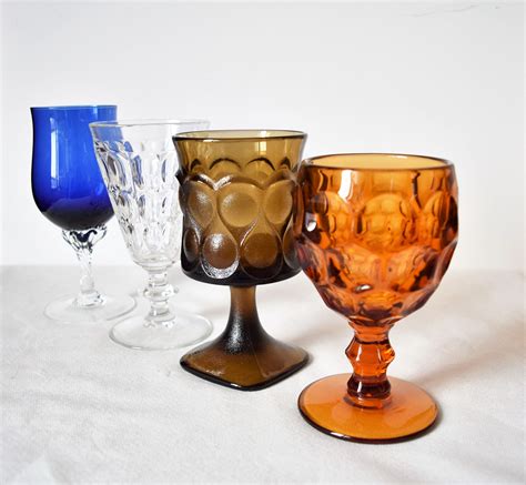 Mixed Set Of 4 Colored Glass Goblets Glass Goblets Vintage Etsy Uk