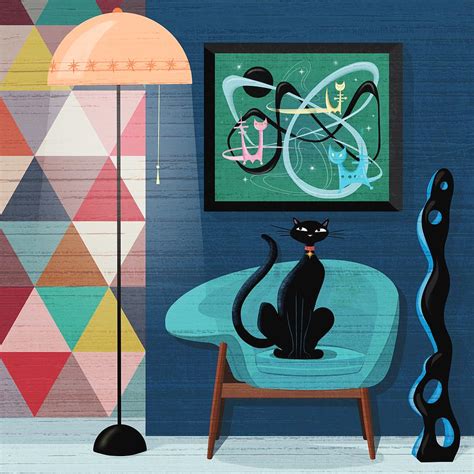 Creature Comforts Mid Century Interior With Black Cat Painting By