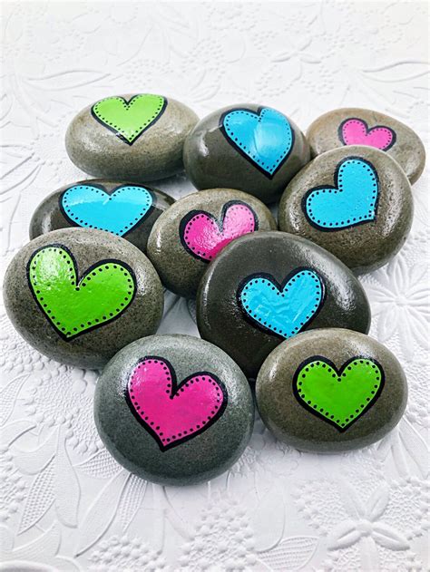 Colorful Hearts Set Of 10 Painted Stones Heart Painted Rocks Etsy