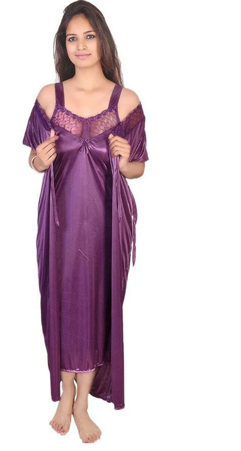Buy Rame 2 Pc Bridal Satin Purple Colour Nighty Gown Night Wear