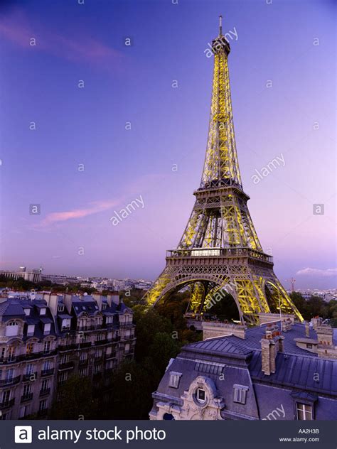 France Paris Eiffel Tower Viewed Over Rooftops Stock Photo Alamy