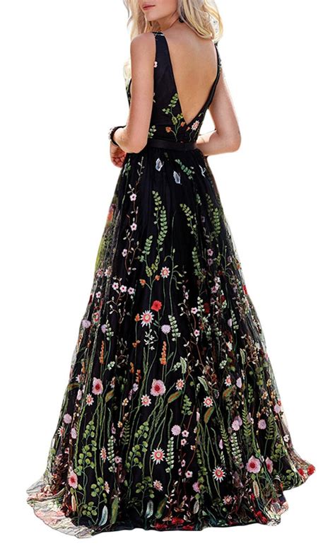 Princess Black Floral V Neck A Line Long Prom Dressgraduation Dresses
