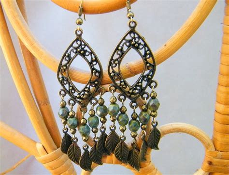 Gypsy Czech Picasso Glass Bead Chandelier Earrings Antique