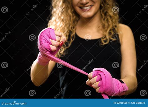 Woman Is Wrapping Hands With Pink Boxing Wraps Stock Photo Image Of