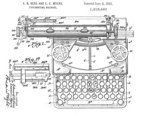 Hess Typewriter Patented 1922 Patent Drawing Typewriter Retro