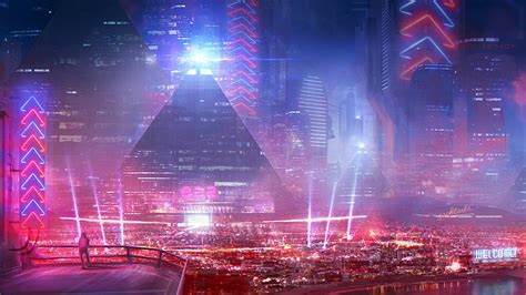 Download 3840x2160 Futuristic Neon City Lights Towers Pyramid