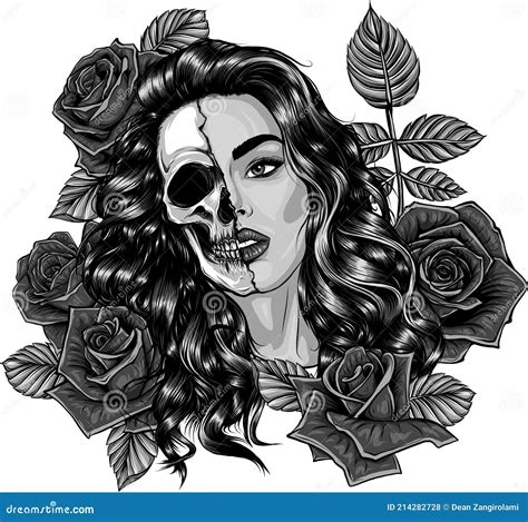 Illustration Design Of Head Skull Girl With Roses Around Stock Vector