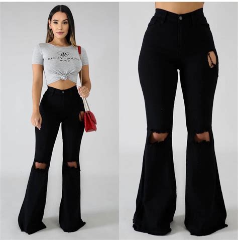 Black Ripped Bell Bottom Jean Bell Bottom Jeans Outfit Fashion Cute