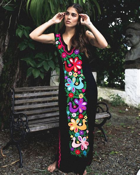 black and pink mexican embroidered dress bohemian maxi etsy mexican embroidered dress