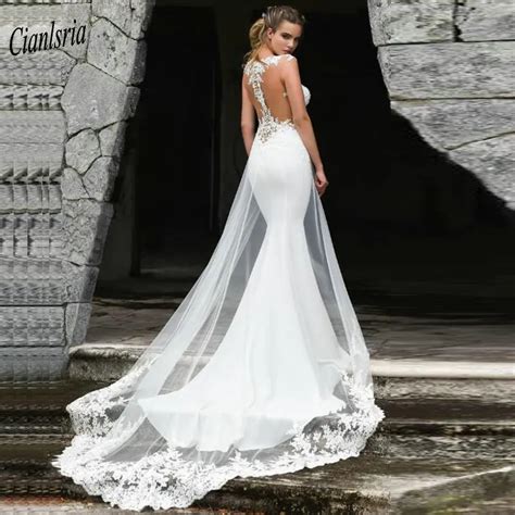 Newest Cap Sleeve Long Mermaid Wedding Dress 2019 Appliques Lace Detachable Train Long Wedding