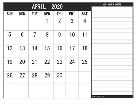 April 2020 Calendar With Holidays Free Printable