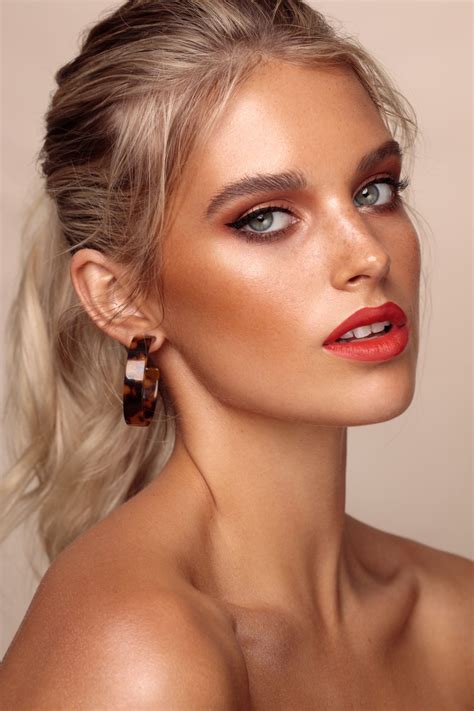 Natural Red Lip Bronzed Makeup For Editorial Beauty Photography