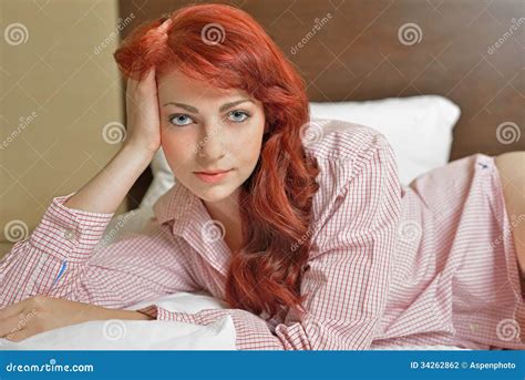 Red Haired Woman Laying In Bed Stock Photo Image Of Cute Seductive