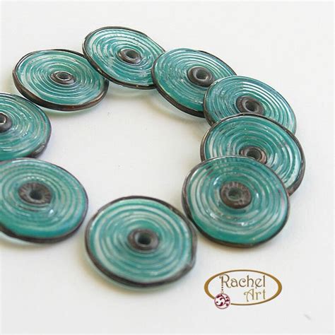 Lampwork Glass Disc Beads Free Shipping Handmade Spiral Glass Teal