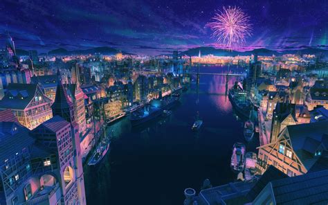 Wallpaper Sky Anime Cityscape Fireworks Scenic Night Stars