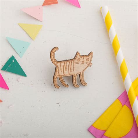 Little Wooden Cat Pin By Funky Laser