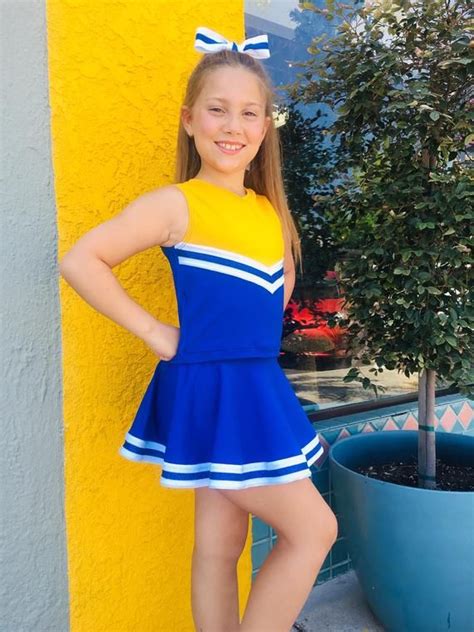 girls cheer uniform royal blue white school gold etsy in 2020 girl outfits cheerleading