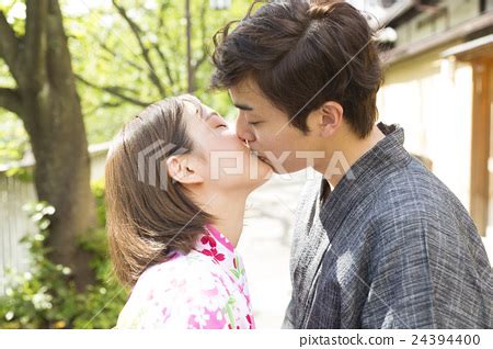 Male Female Couple Kiss Kissing Love Yukata Stock Photo