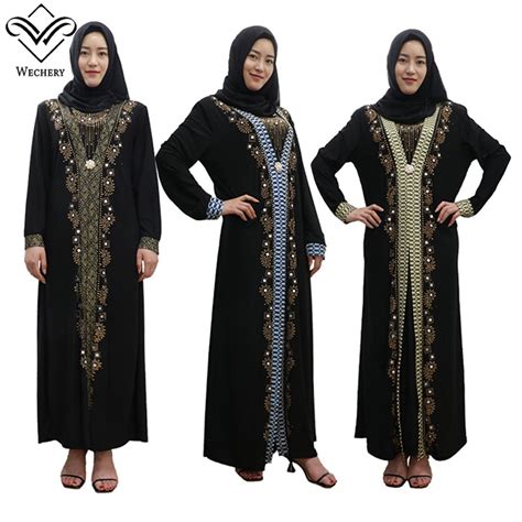 Wechery Luxury Dress Muslim Style Sequins Islamic Traditional Costume Black Beading Abaya
