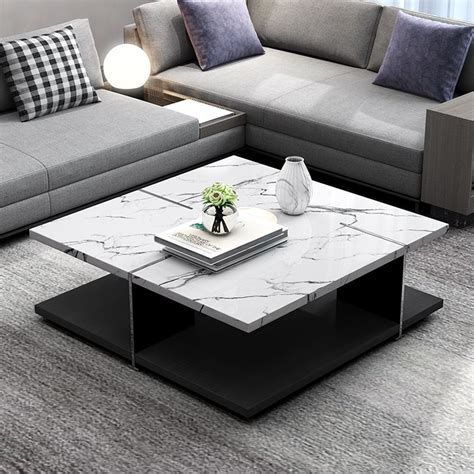 White Square Coffee Table Faux Marble Accent Table With Storage