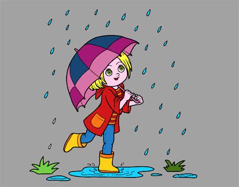 Acuarela dibujo niños dibujos animados lluvia sobre fondo blanco. Dibujo de Niña con paraguas bajo la lluvia pintado por ...