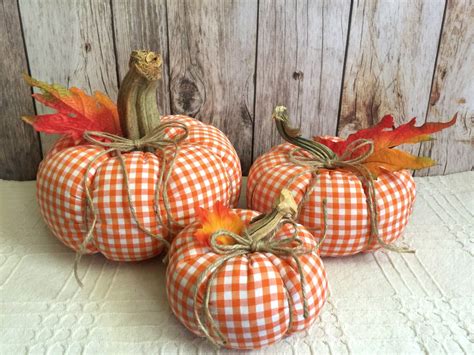 3 fabric pumpkins, stuffed pumpkins, plaid pumpkins, fall decor, check pumpkin centerpice ...